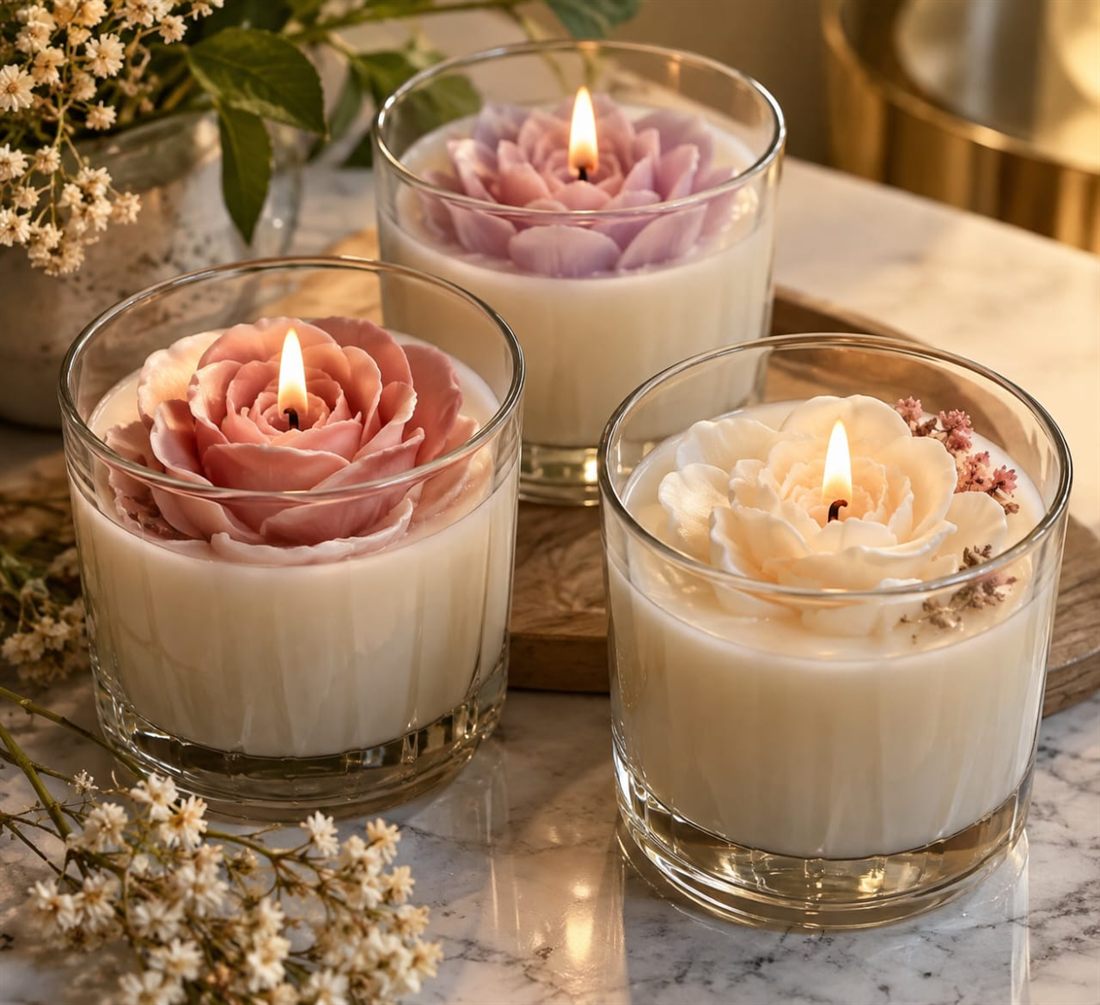 Tres velas encendidas en vasos de vidrio, con flores de cera rosa, lila y crema, sobre una mesa de mármol con ramitas de flores secas